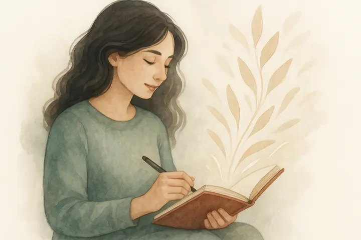Watercolor illustration of a woman holding an open gratitude journal with glowing symbolic lines, representing gratitude journaling.