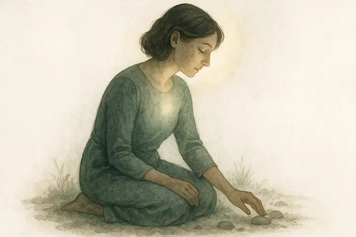 Emotional Connection Through Grounding Techniques Watercolor illustration of a woman sitting calmly on the ground, hand touching the earth, symbolizing reconnection through grounding techniques.