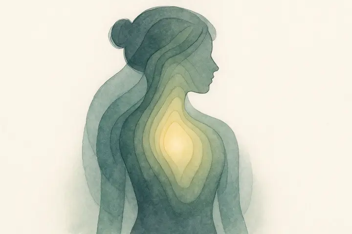 How to Develop Self-Esteem Watercolor illustration of a female silhouette made of layered shapes glowing at the center, symbolizing how to develop self-esteem and inner growth.
