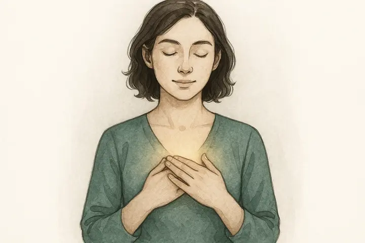 How to Develop Self-Esteem Watercolor illustration of a woman gently touching her chest with closed eyes, radiating calm and self-worth, symbolizing how to develop self-esteem.