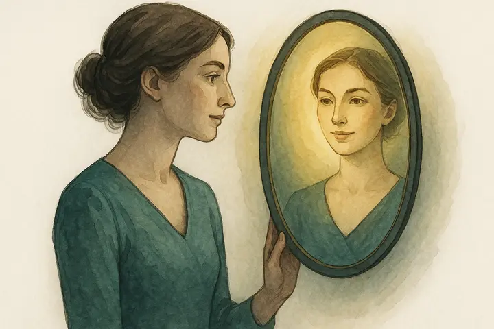 Watercolor illustration of a woman calmly looking into a mirror with a confident expression, symbolizing how to develop self-esteem.