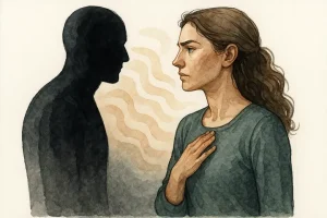 Watercolor illustration of a woman with her hand on her chest facing an abstract dark silhouette, symbolizing toxic relationships.
