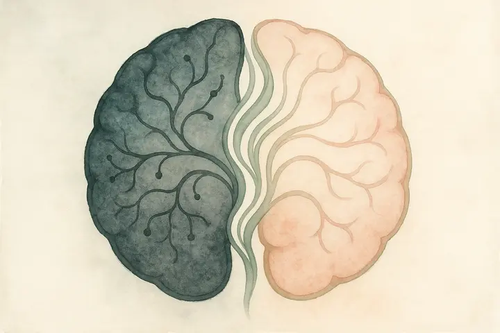 Post-Traumatic Growth Brain Integration Watercolor illustration of a brain divided into trauma and growth halves, connected by flowing lines, explaining post-traumatic growth.