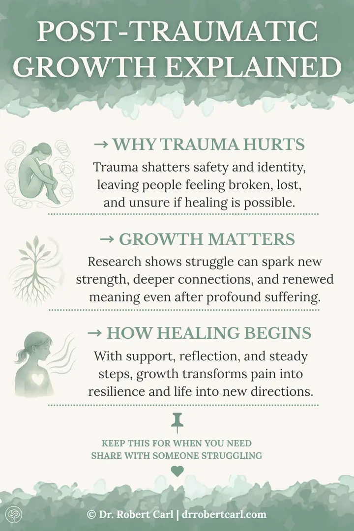 Post-Traumatic Growth Explained Minimalist watercolor infographic explaining post-traumatic growth. Shows why trauma hurts, why growth matters, and how healing begins.