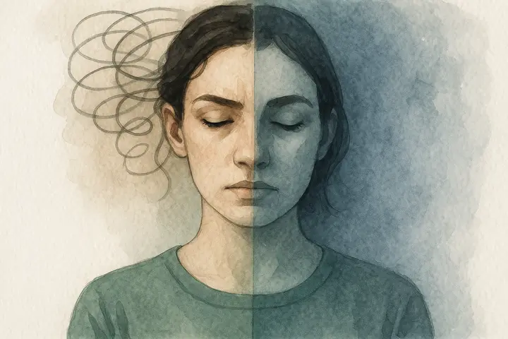 Watercolor illustration showing the difference between anxiety and depression through the emotional contrast of a calm woman divided between both states.
